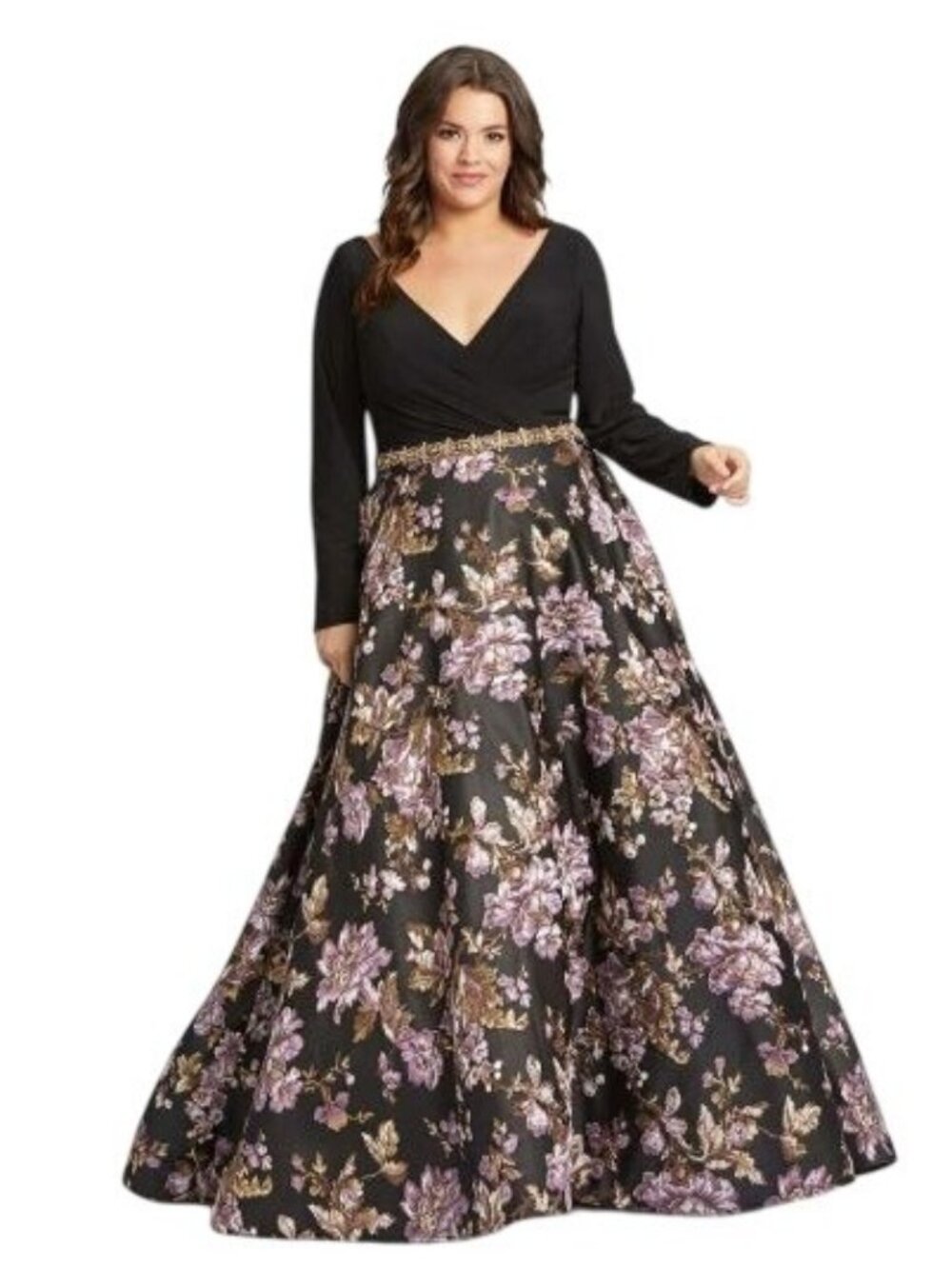 Mac Duggal Elegant Black Floral Embroidery Beaded Waist Ball Gown Plus Size 18W
